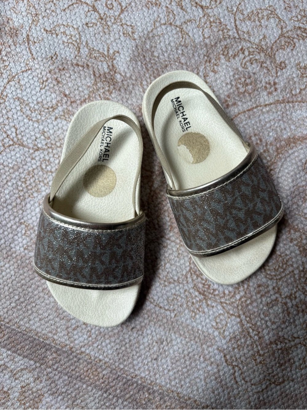 MICHAEL Michael Kors Girls Brown Logo Slide Sandals with Cream Footbed
